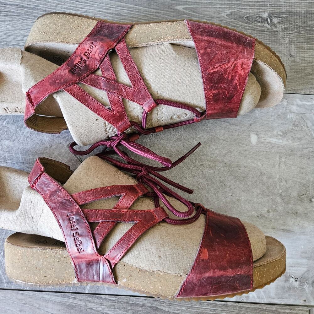 Josef Seibel Tonga Lace Sandals Comfy Womens Red Leather Size 38 EU = US 7-7.5